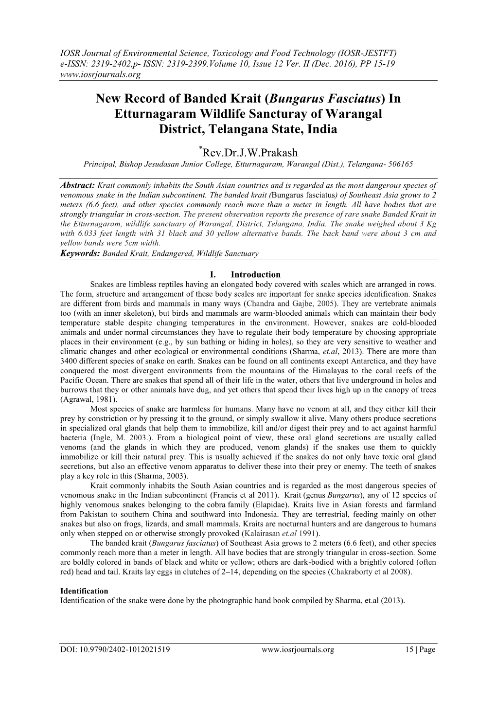 New Record of Banded Krait (Bungarus Fasciatus) in Etturnagaram Wildlife Sancturay of Warangal District, Telangana State, India