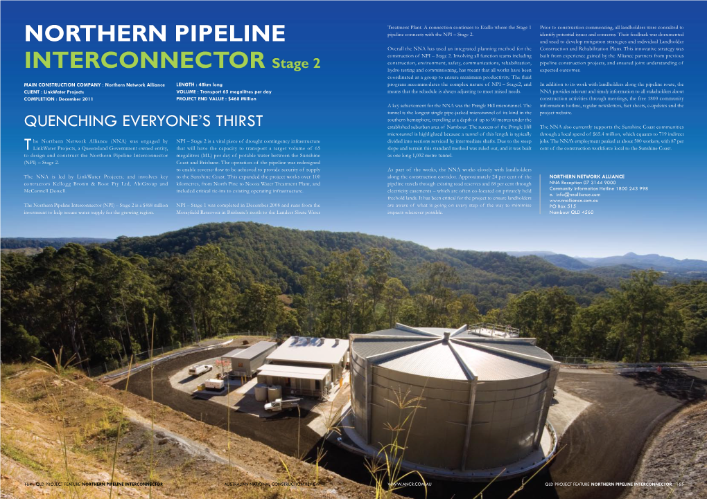 Northern Pipeline Interconnector Megalitres (ML) Per Day of Potable Water Between the Sunshine As One Long 1,032 Metre Tunnel