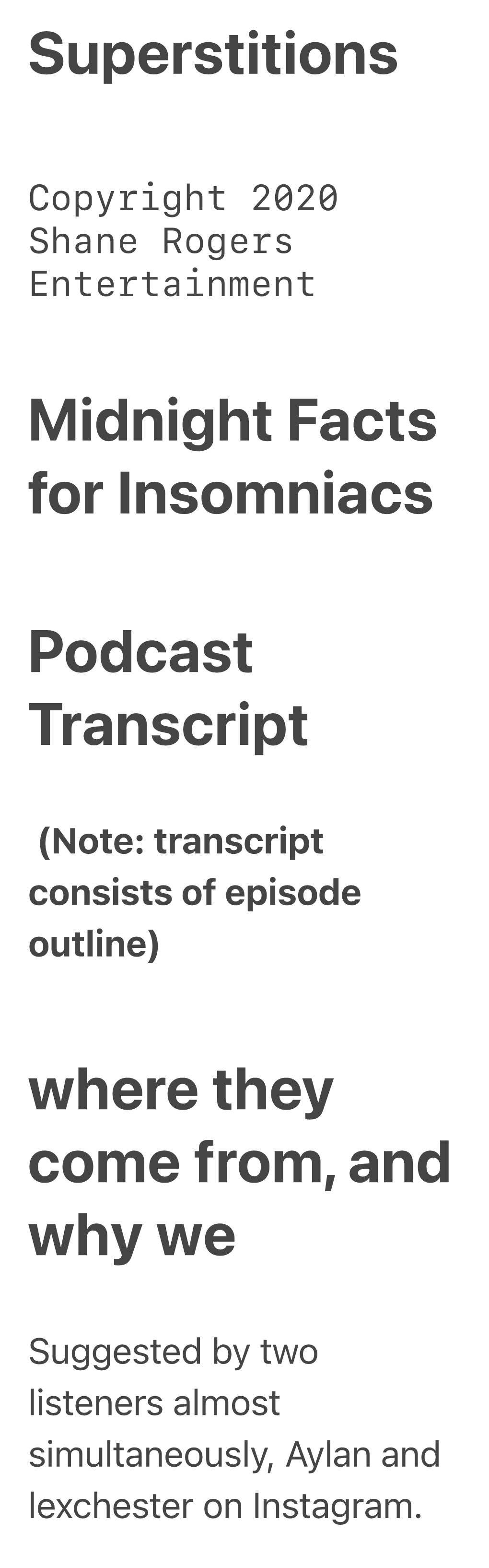 Superstitions Midnight Facts for Insomniacs Podcast Transcript