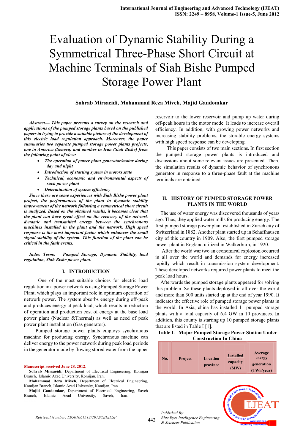 Evaluation of Dynamic Stability During a Symmetrical Three-Phase Short Circuit at Machine Terminals of Siah Bishe Pumped Storage Power Plant