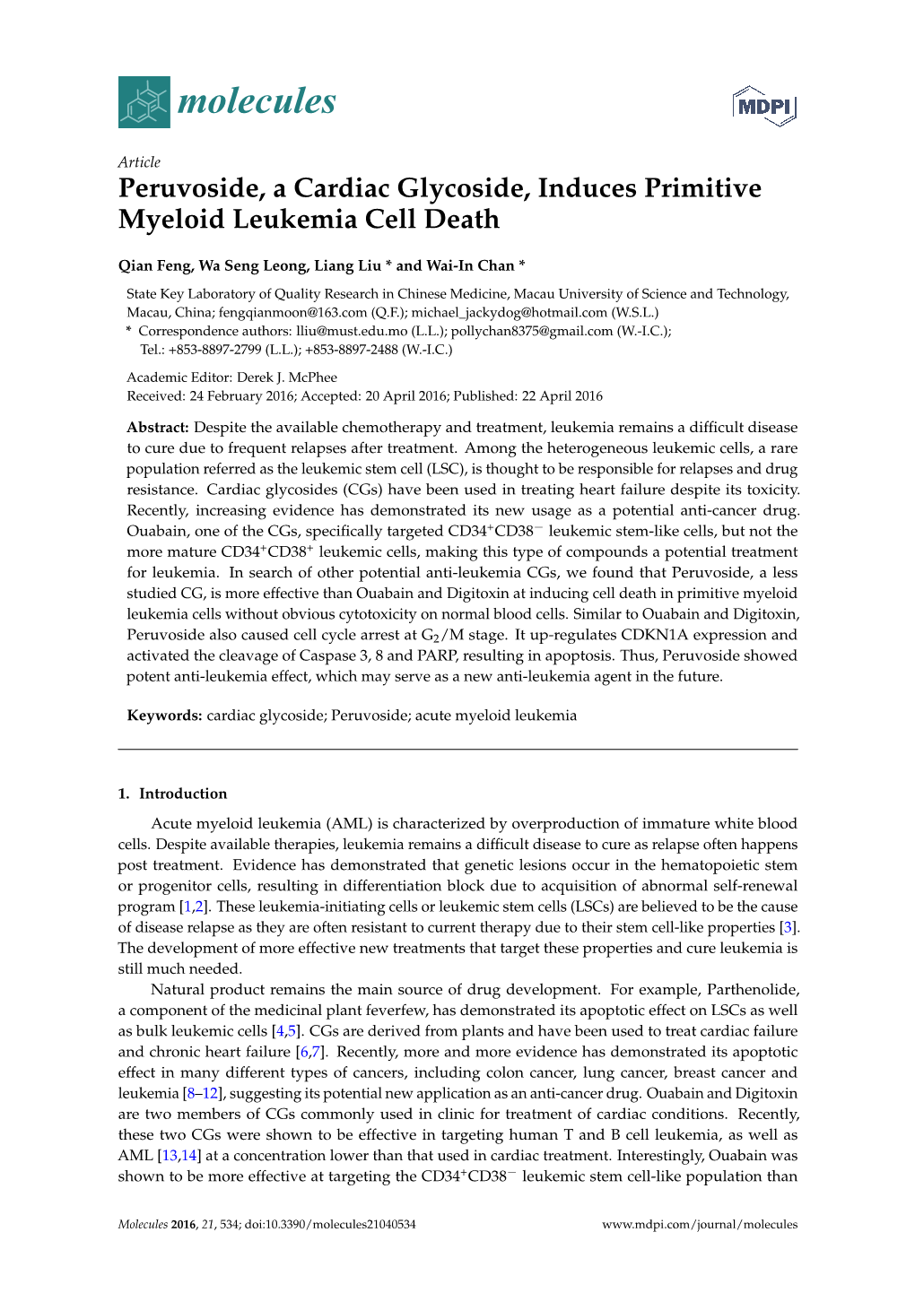 Peruvoside, a Cardiac Glycoside, Induces Primitive Myeloid Leukemia Cell Death