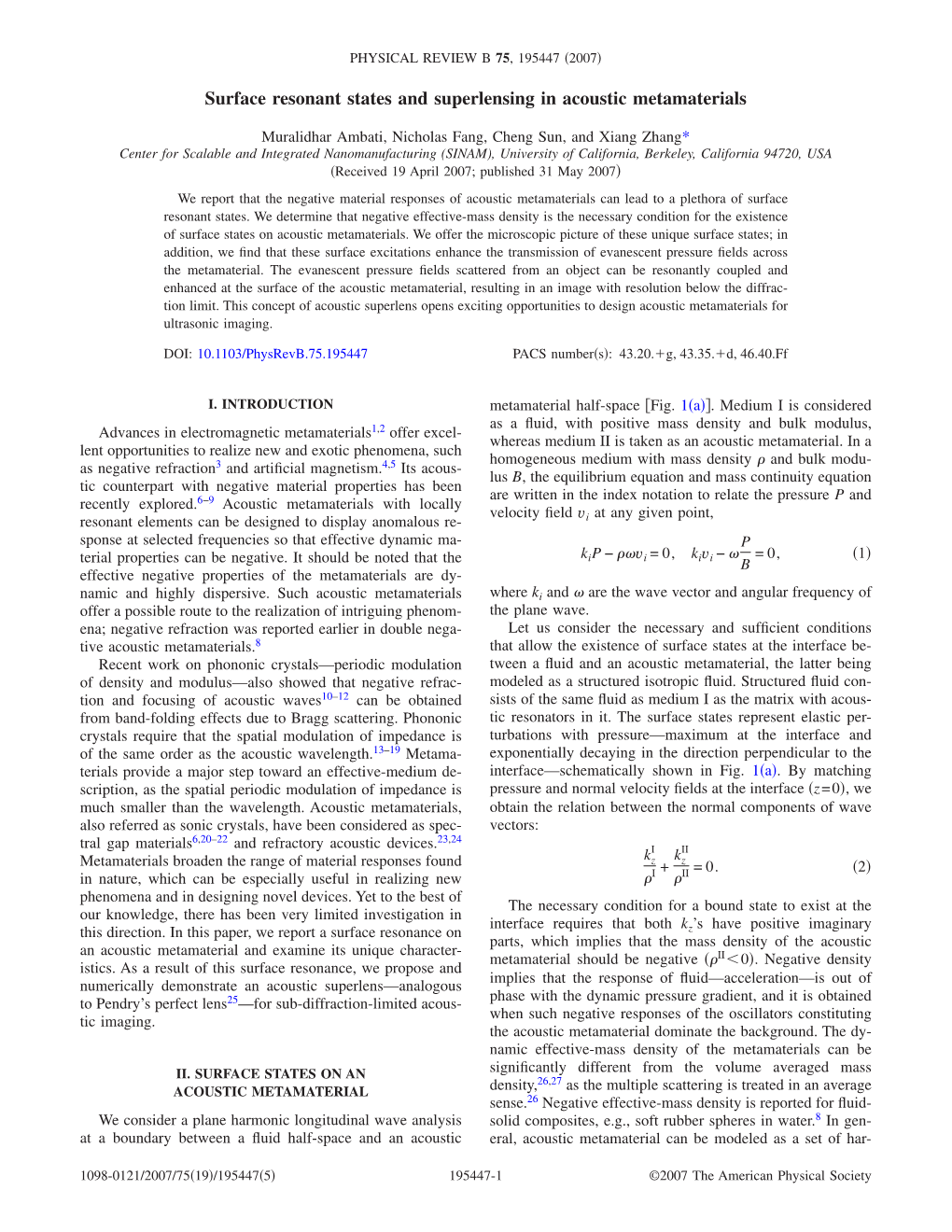 Surface Resonant States and Superlensing in Acoustic Metamaterials