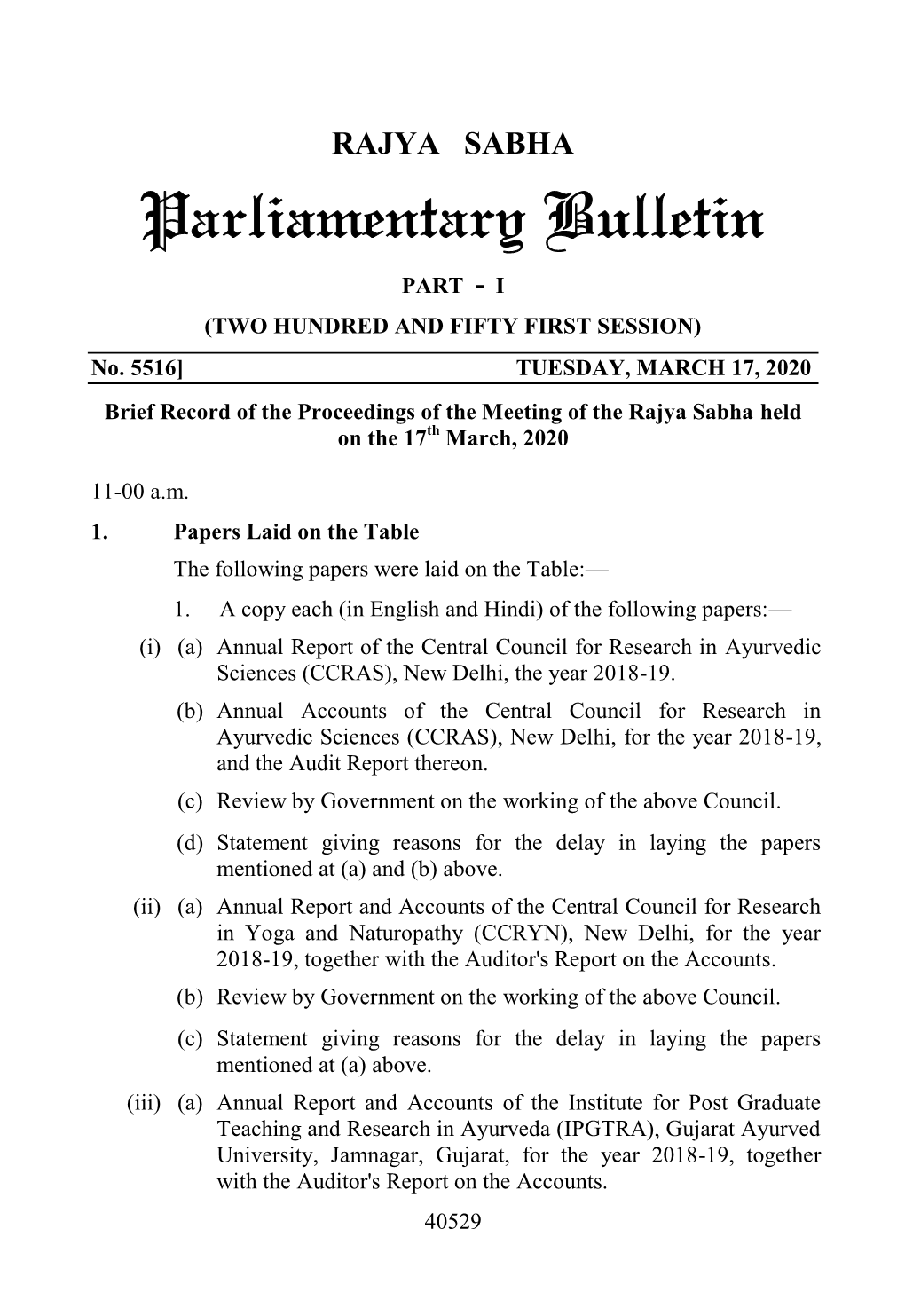 RAJYA SABHA Parliamentary Bulletin