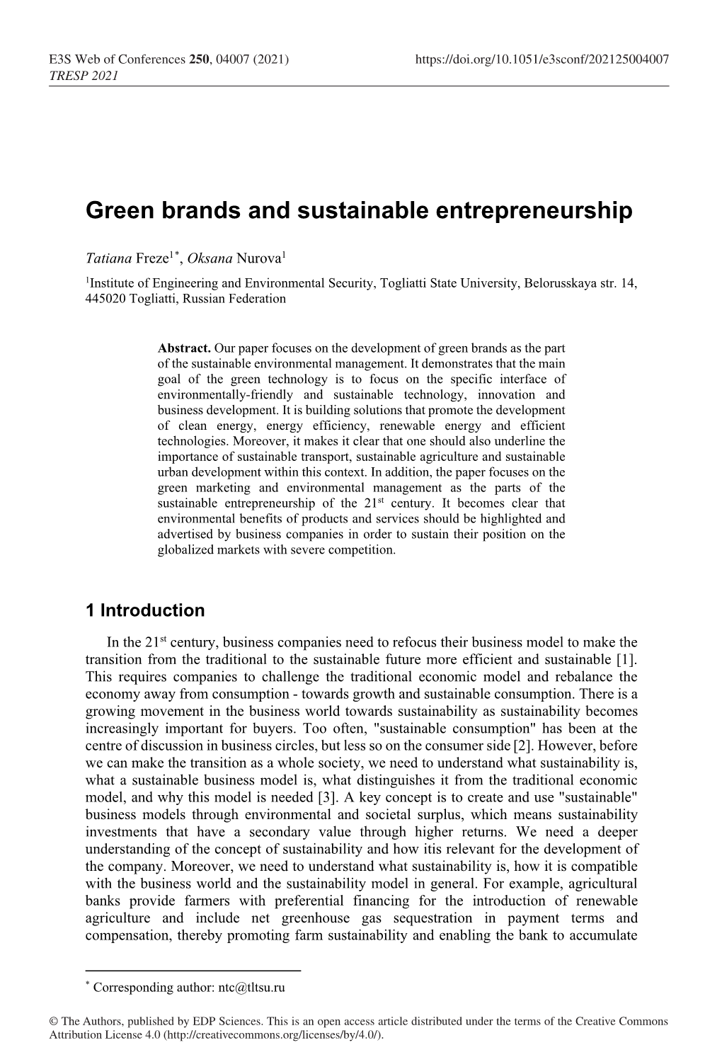 Green Brands and Sustainable Entrepreneurship