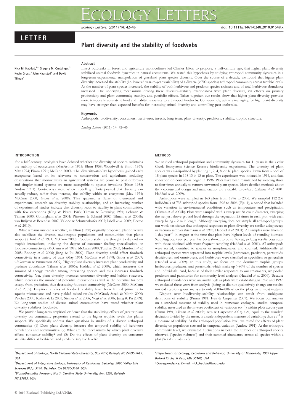 Plant Diversity and the Stability of Foodwebs