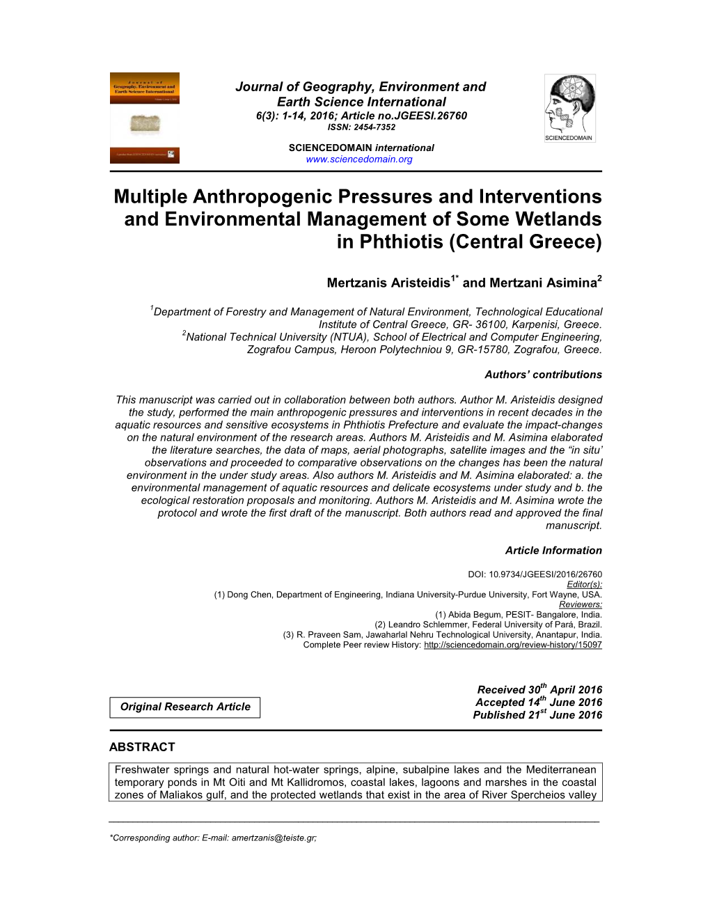 Multiple Anthropogenic Pressures and Interventions and Environmental Management of Some Wetlands in Phthiotis (Central Greece)