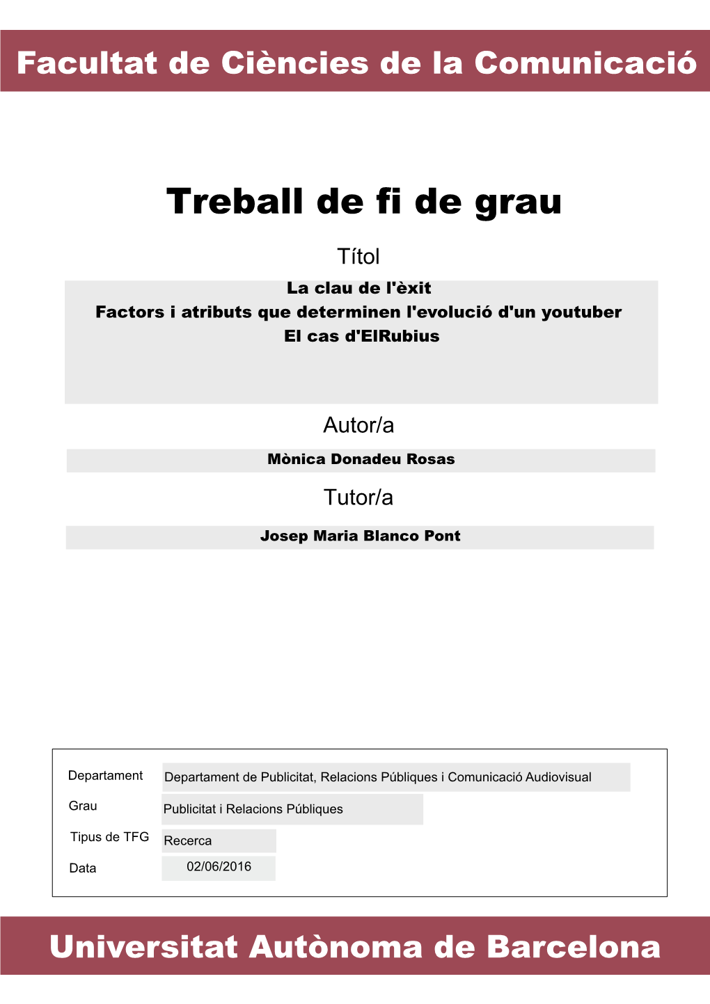 Treball De Fi De Grau Títol La Clau De L'èxit Factors I Atributs Que Determinen L'evolució D'un Youtuber El Cas D'elrubius