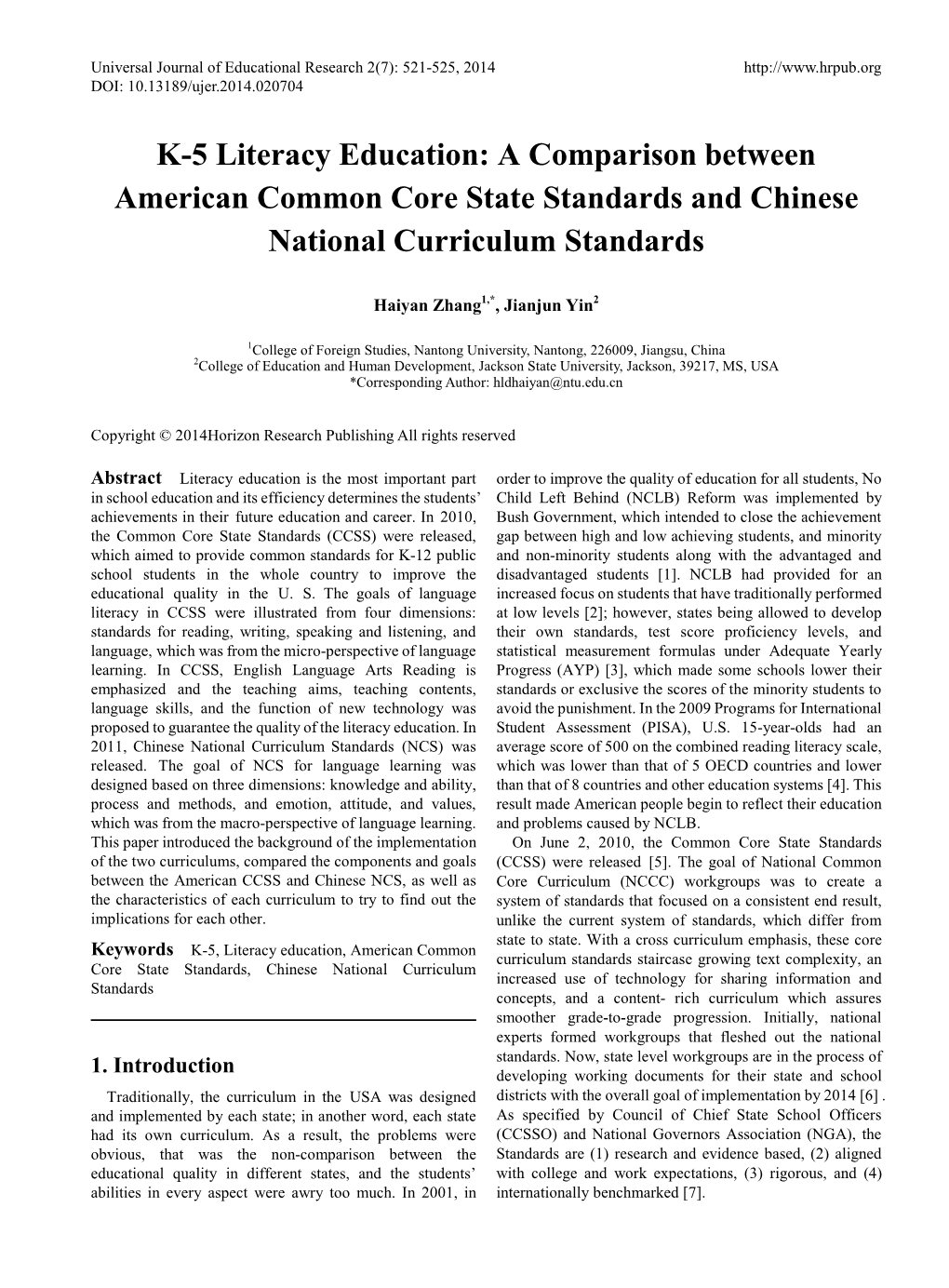 A Comparison Between American Common Core State Standards and Chinese National Curriculum Standards