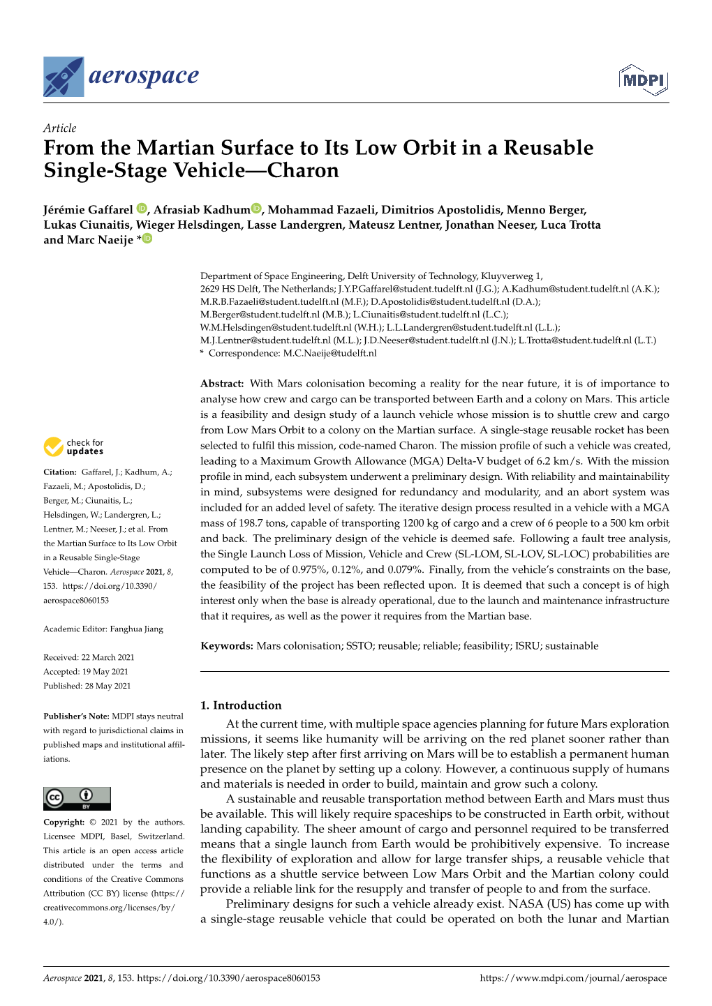 From the Martian Surface to Its Low Orbit in a Reusable Single-Stage Vehicle—Charon