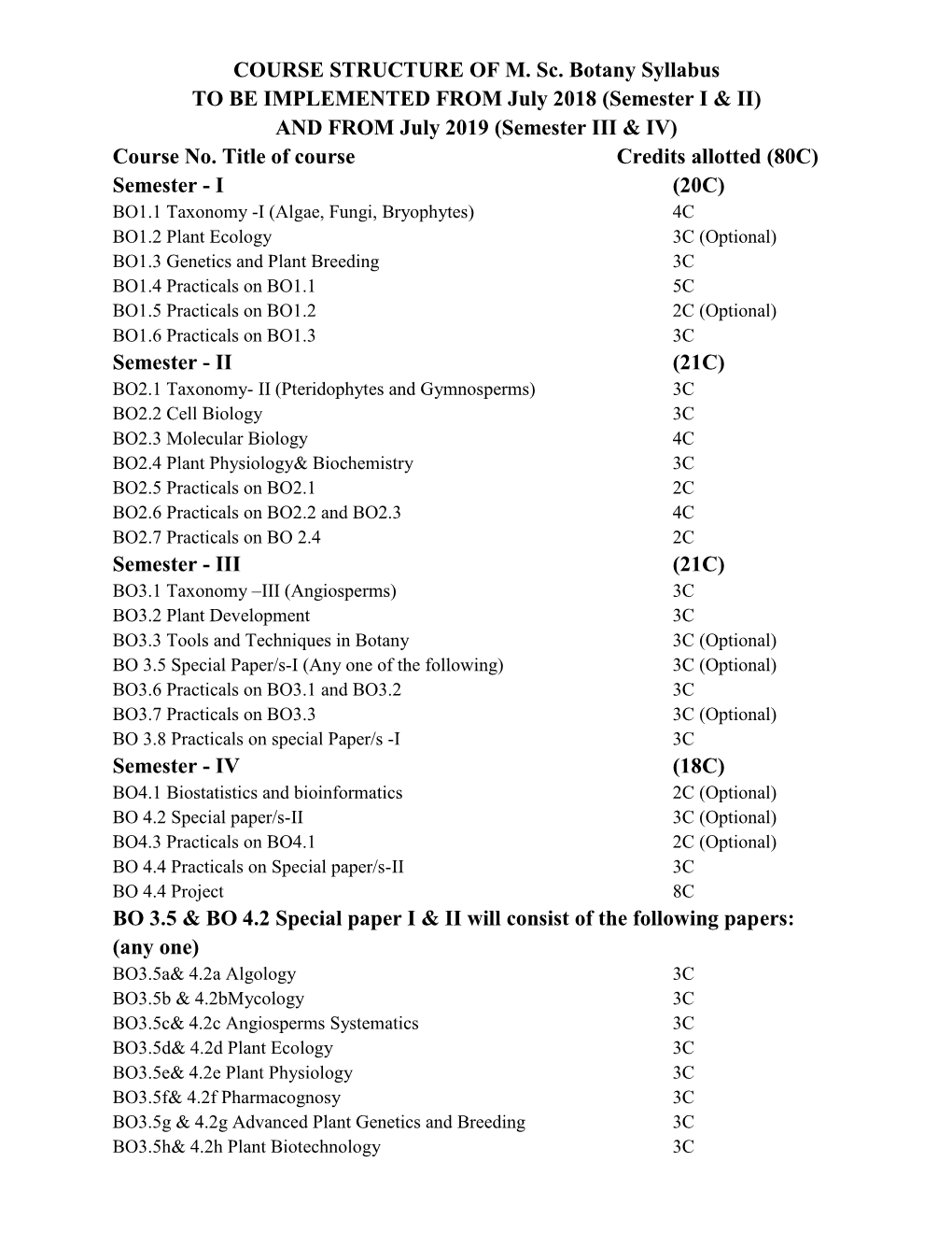 COURSE STRUCTURE of M. Sc. Botany Syllabus to BE IMPLEMENTED from July 2018 (Semester I & II) and from July 2019 (Semester III & IV) Course No