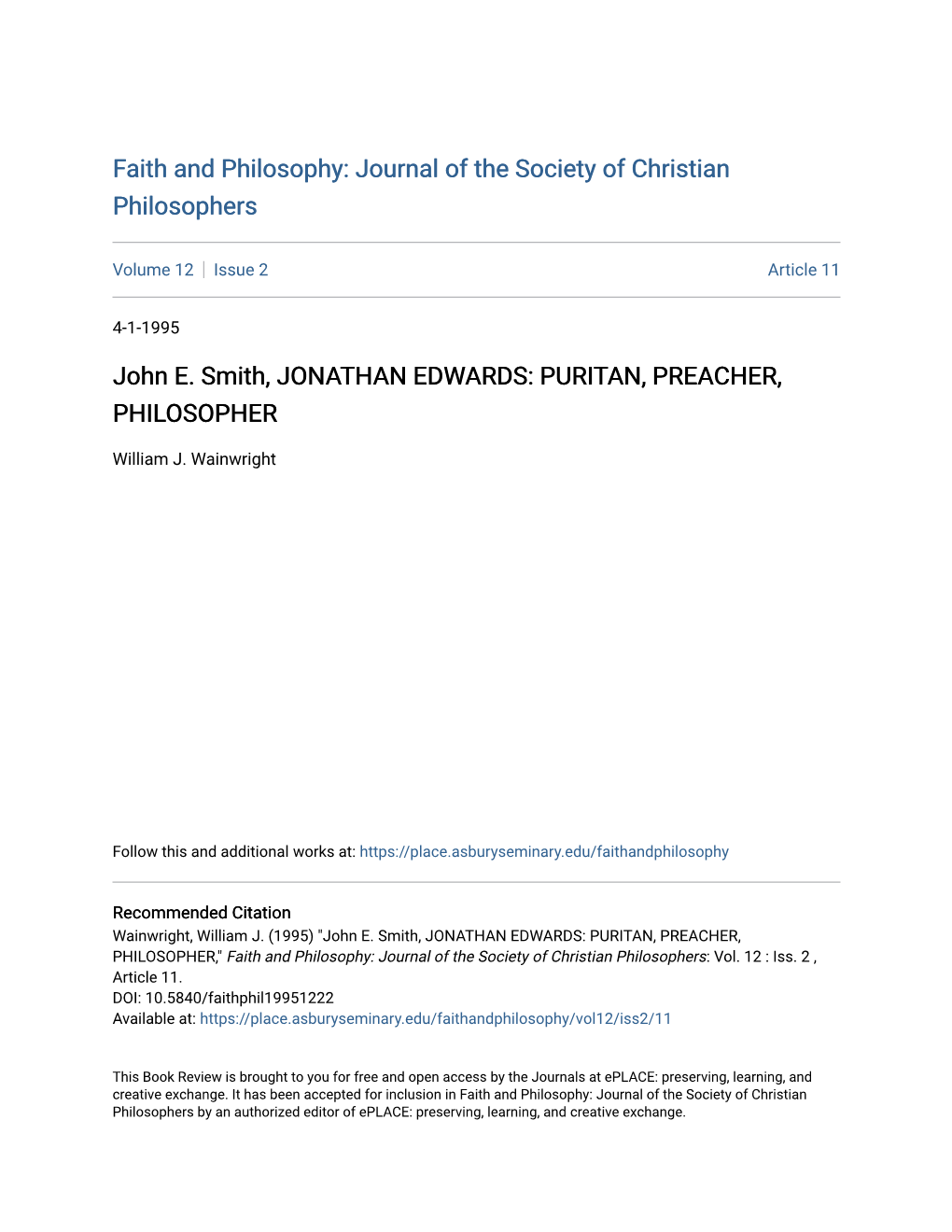 John E. Smith, JONATHAN EDWARDS: PURITAN, PREACHER, PHILOSOPHER