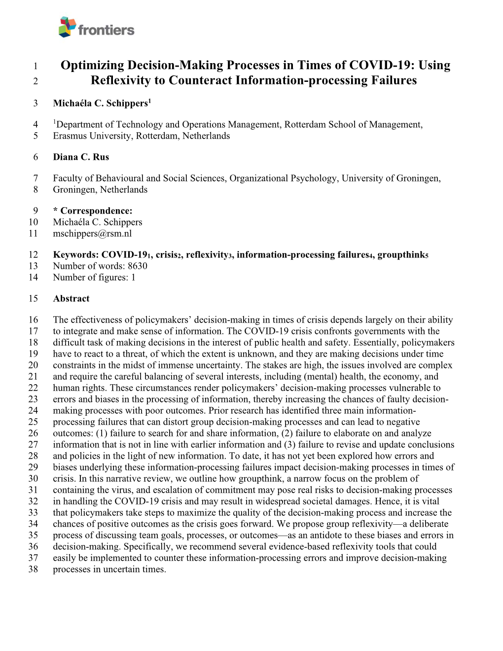 Optimizing Decision-Making Processes in Times of COVID-19: Using 2 Reflexivity to Counteract Information-Processing Failures