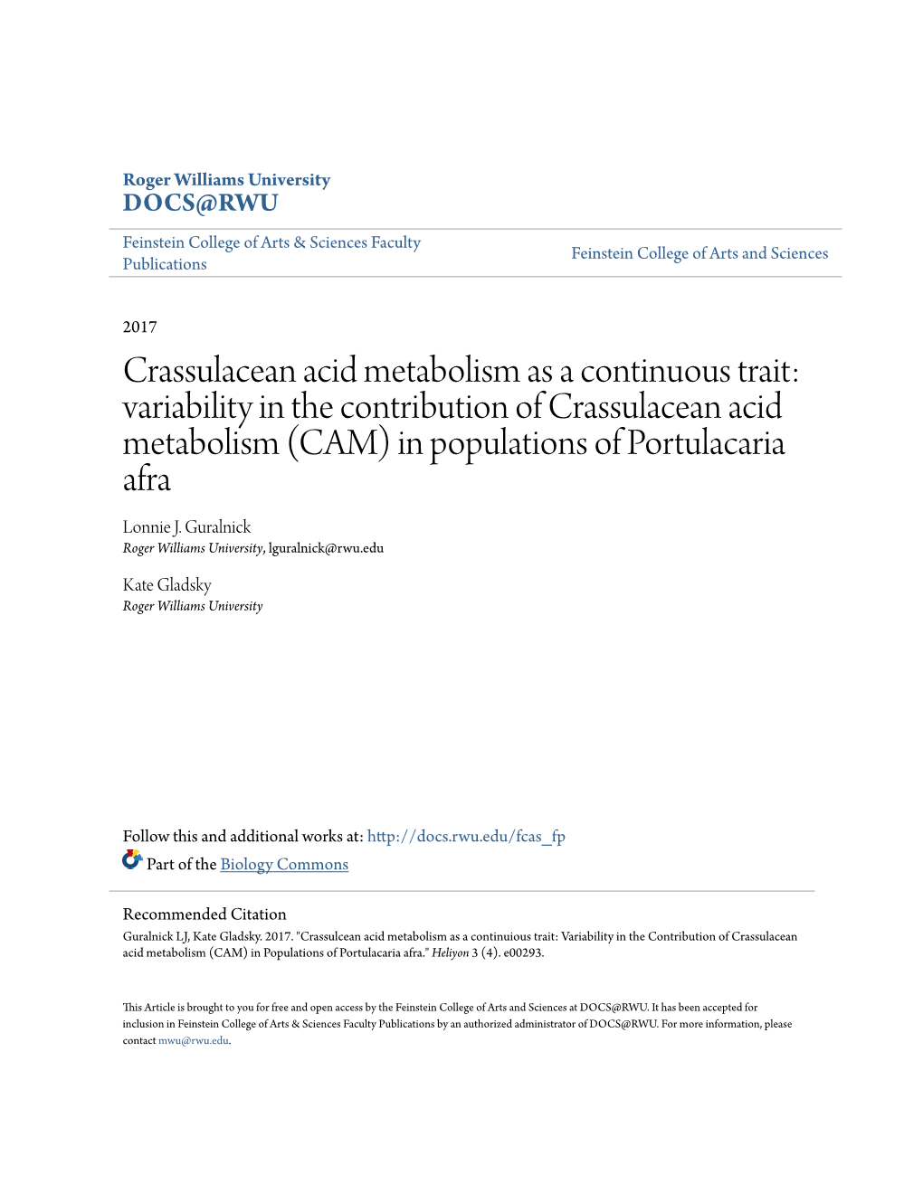 Variability in the Contribution of Crassulacean Acid Metabolism (CAM) in Populations of Portulacaria Afra Lonnie J