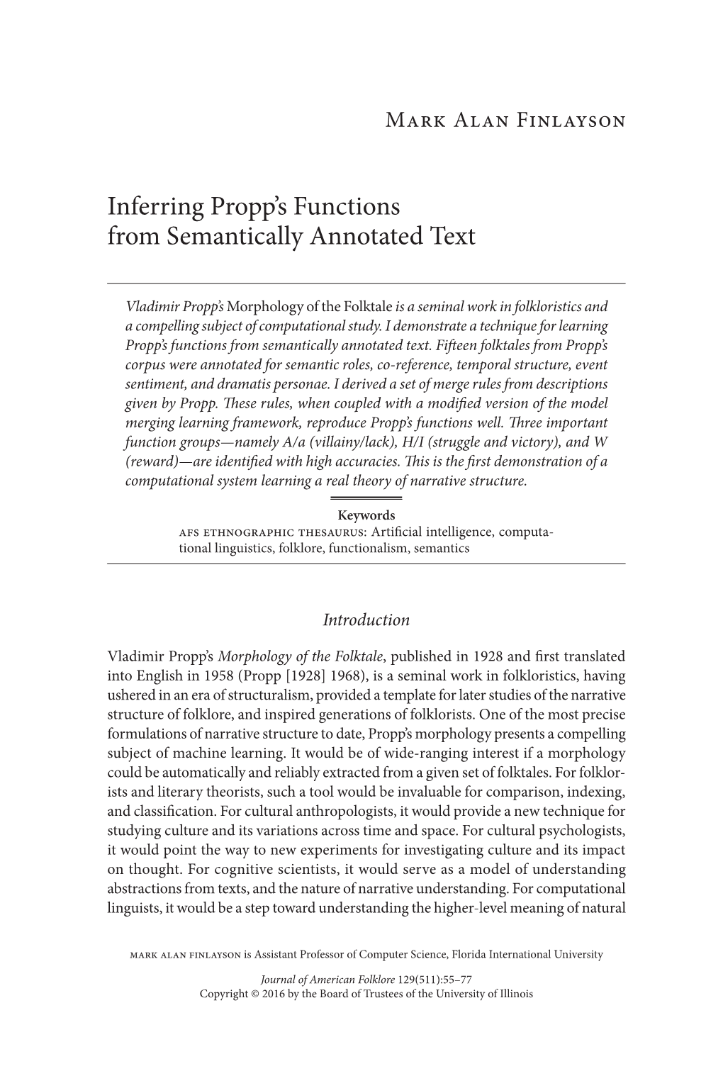 Inferring Propp's Functions from Semantically Annotated Text