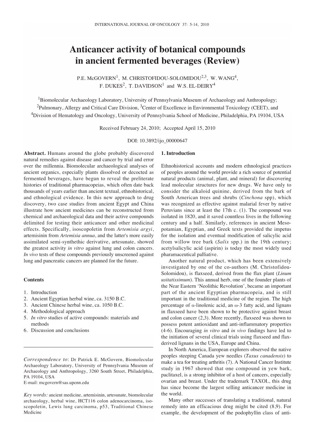 Anticancer Activity of Botanical Compounds in Ancient Fermented Beverages (Review)