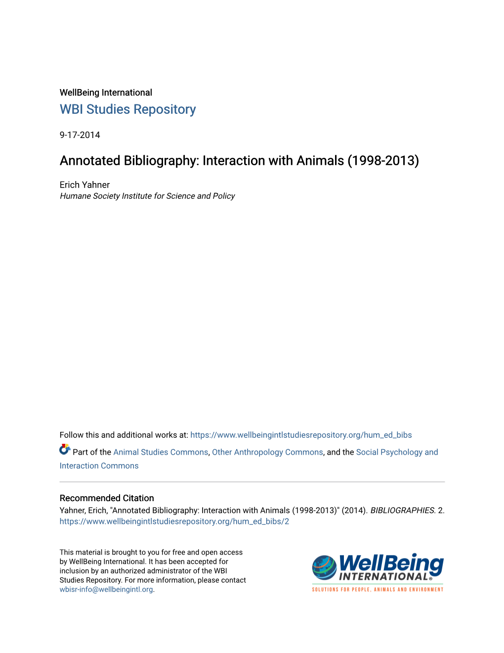 Annotated Bibliography: Interaction with Animals (1998-2013)