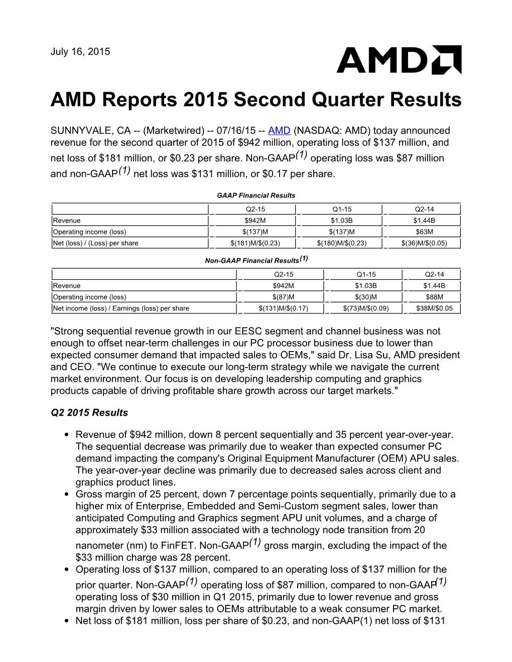 AMD Reports 2015 Second Quarter Results