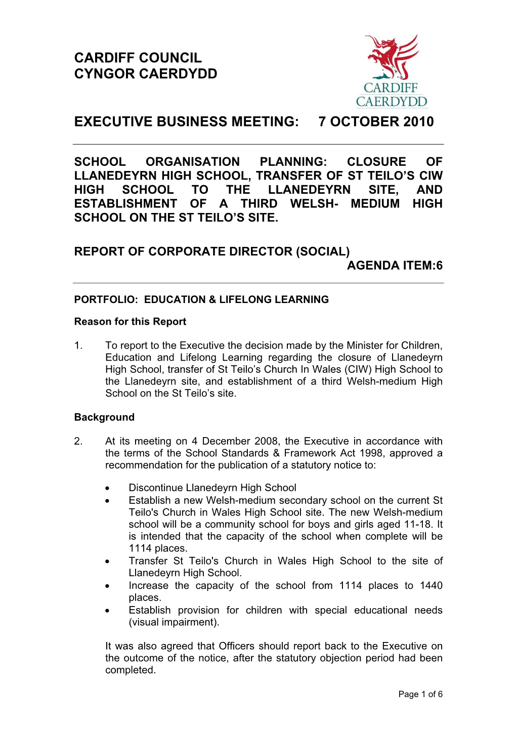 Cardiff Council Cyngor Caerdydd Executive Business Meeting: 7 October 2010