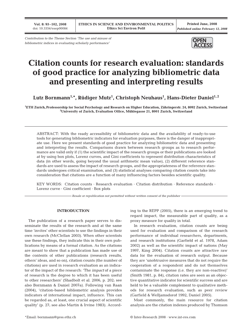 Citation Counts for Research Evaluation: Standards of Good Practice for Analyzing Bibliometric Data and Presenting and Interpreting Results