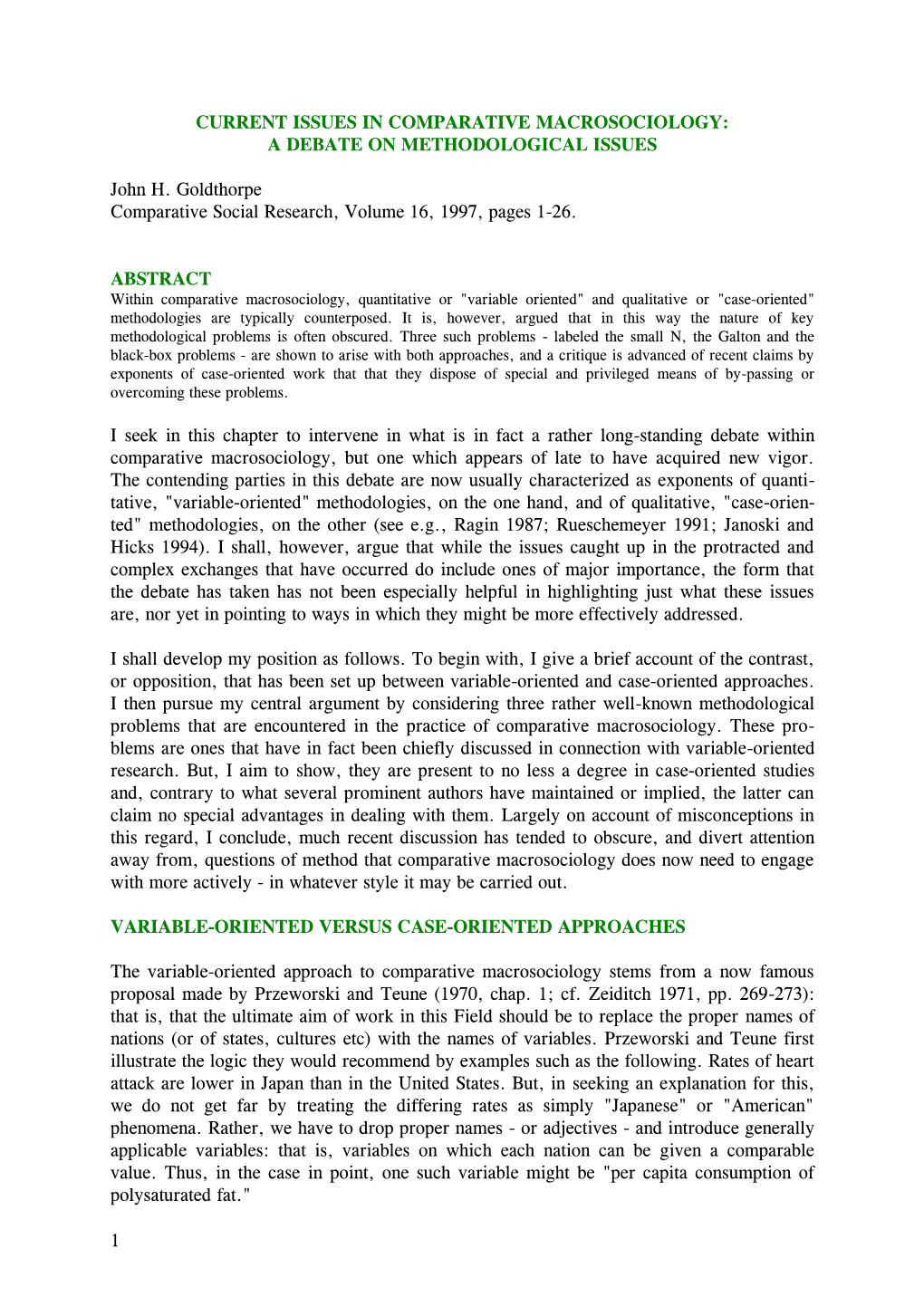 Current Issues in Comparative Macrosociology: a Debate on Methodological Issues