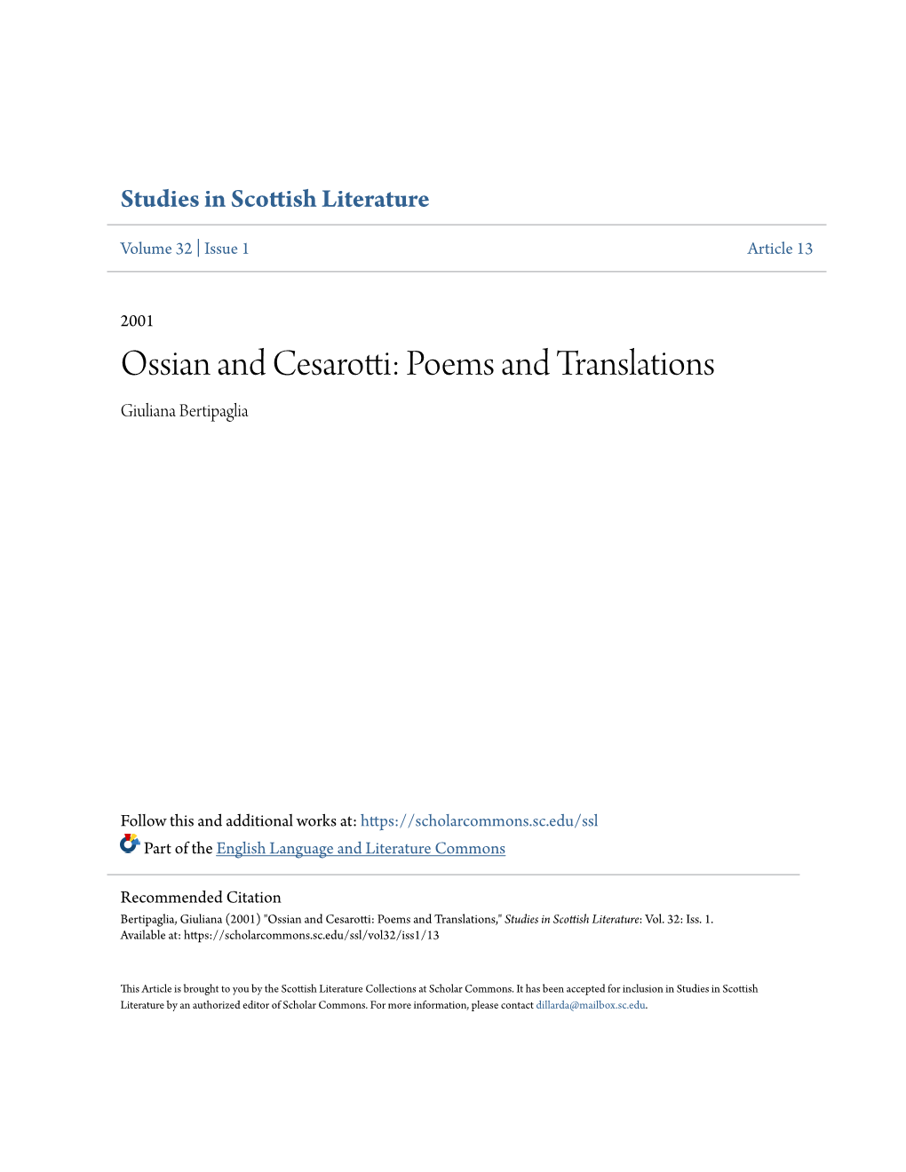 Ossian and Cesarotti: Poems and Translations Giuliana Bertipaglia