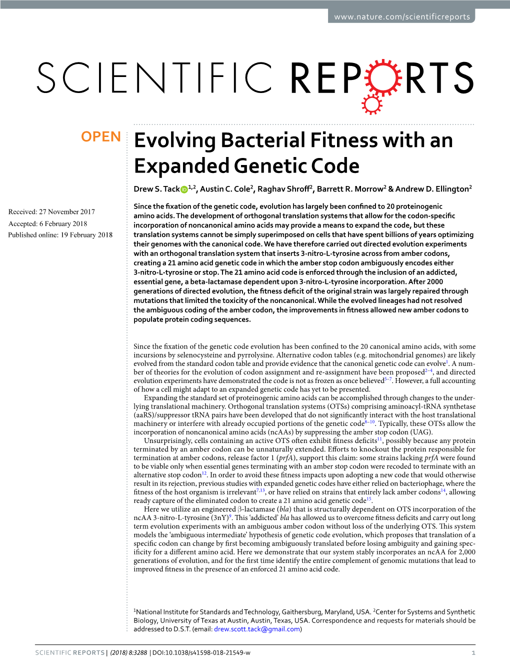 Evolving Bacterial Fitness with an Expanded Genetic Code Drew S