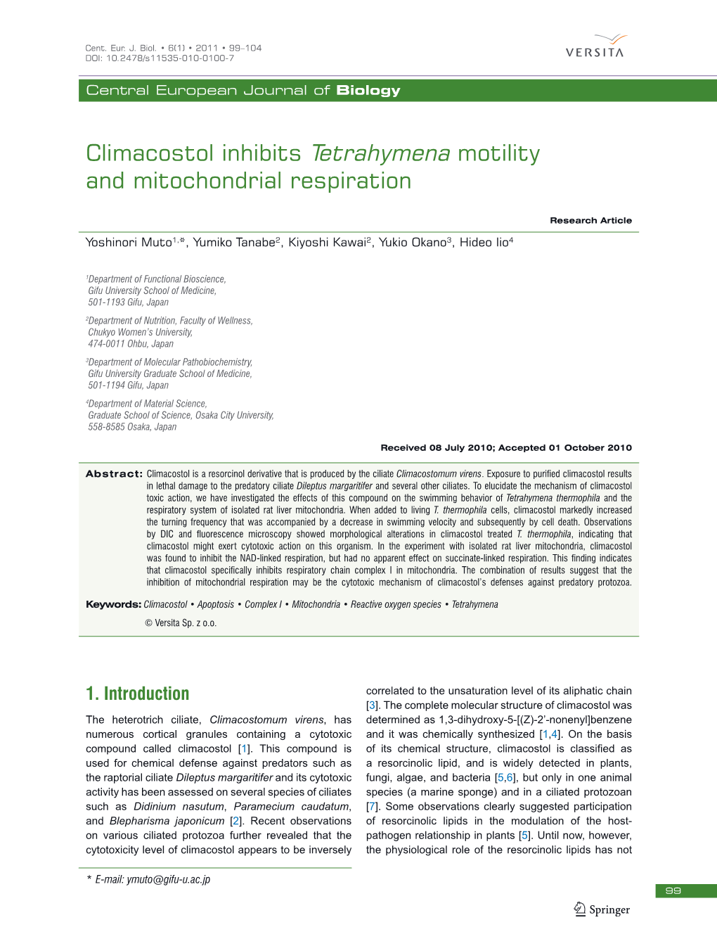 Climacostol Inhibits Tetrahymena Motility and Mitochondrial Respiration