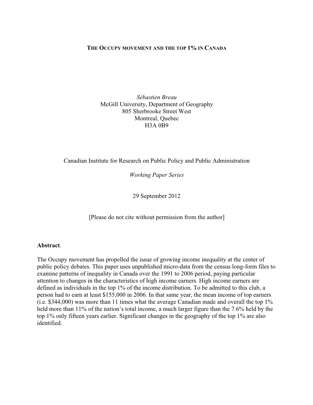 Sébastien Breau Mcgill University, Department of Geography 805 Sherbrooke Street West Montreal, Quebec H3A 0B9