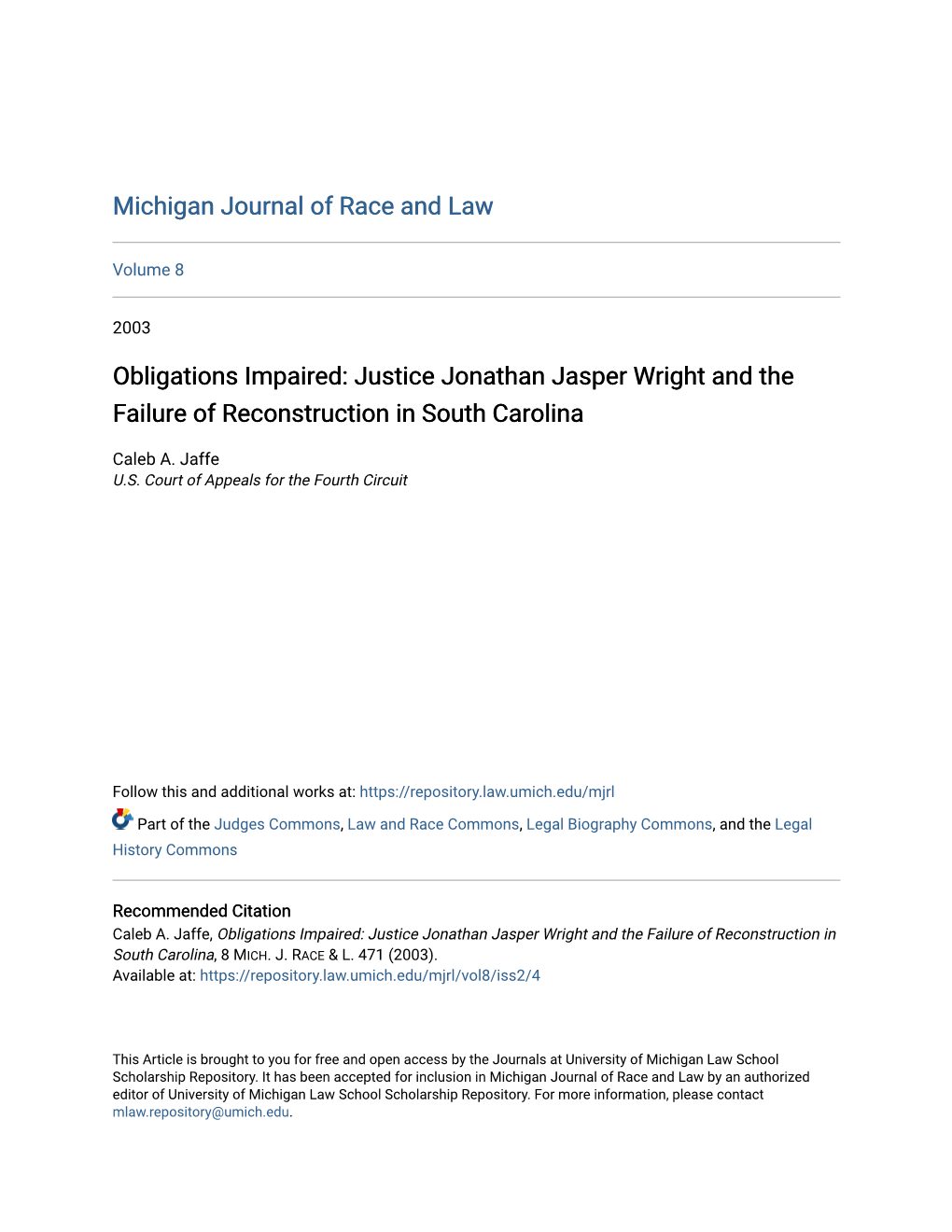 Justice Jonathan Jasper Wright and the Failure of Reconstruction in South Carolina