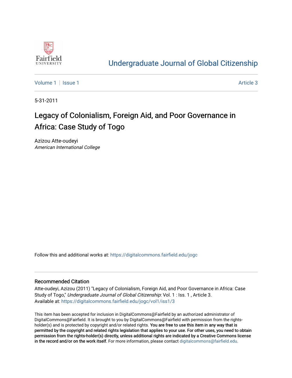 Legacy of Colonialism, Foreign Aid, and Poor Governance in Africa: Case Study of Togo