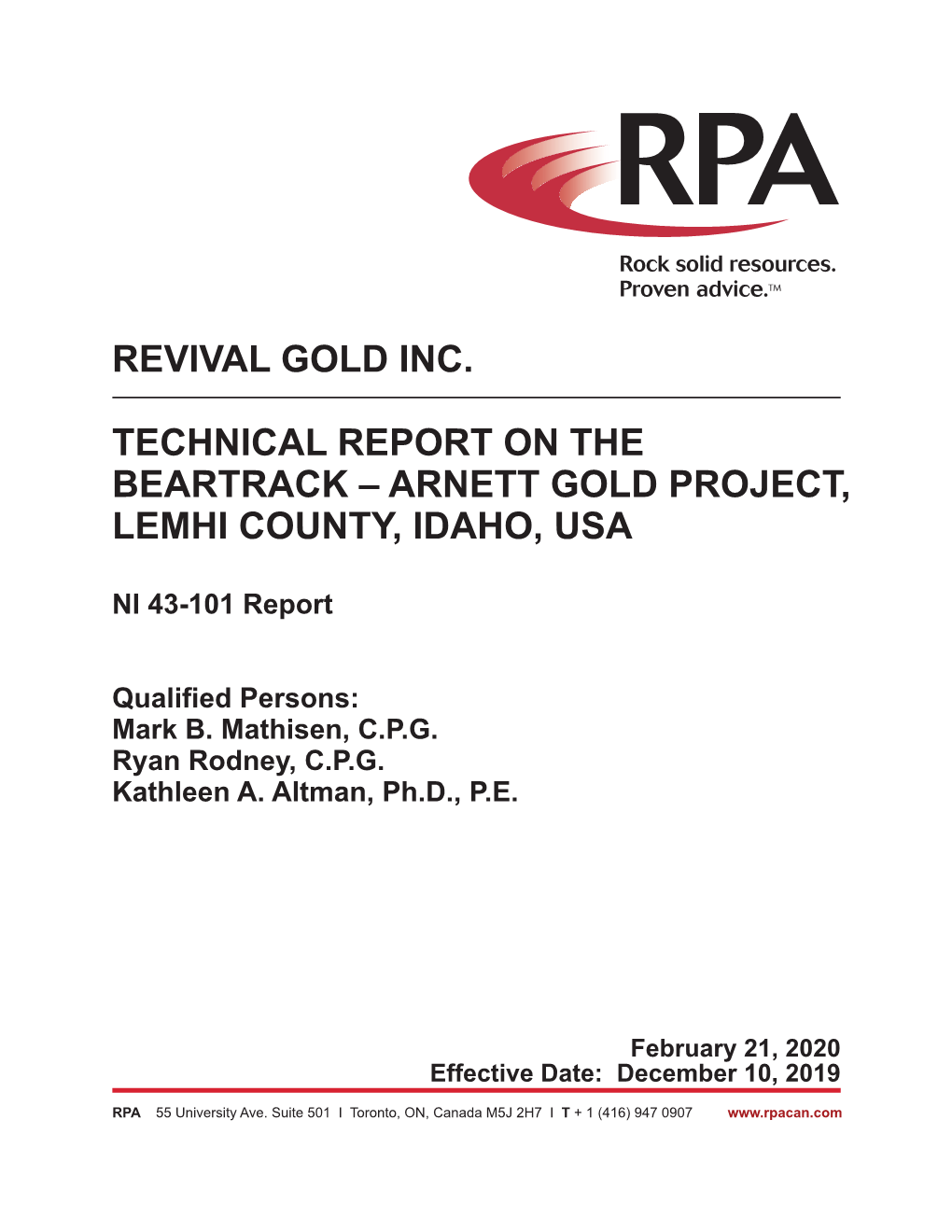 NI 43-101 Beartrack-Arnett Gold Project Technical Report