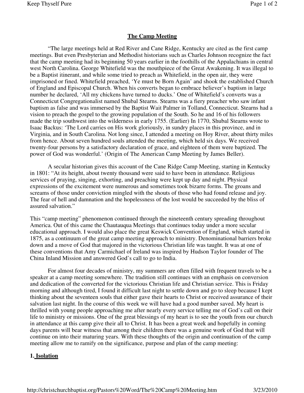 The Camp Meeting “The Large Meetings Held at Red River and Cane Ridge, Kentucky Are Cited As the First Camp Meetings. but Even