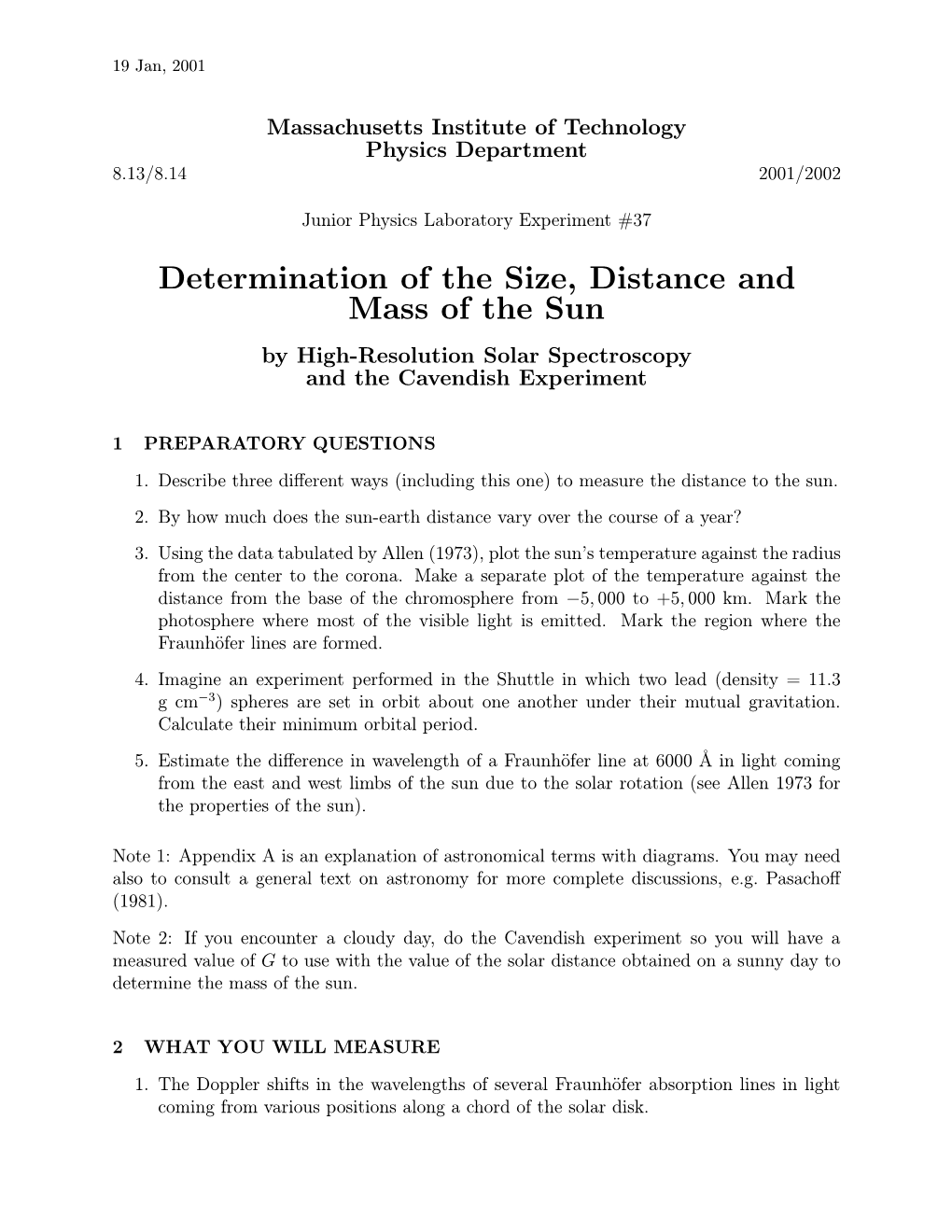 Determination of the Size, Distance and Mass of the Sun by High-Resolution Solar Spectroscopy and the Cavendish Experiment