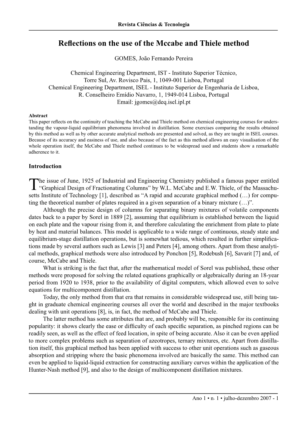 Reflections on the Use of the Mccabe and Thiele Method