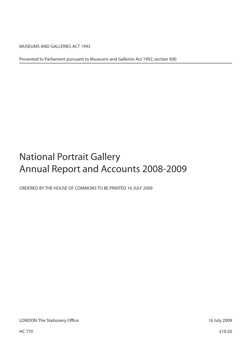 National Portrait Gallery Annual Report and Accounts 2008-2009 HC