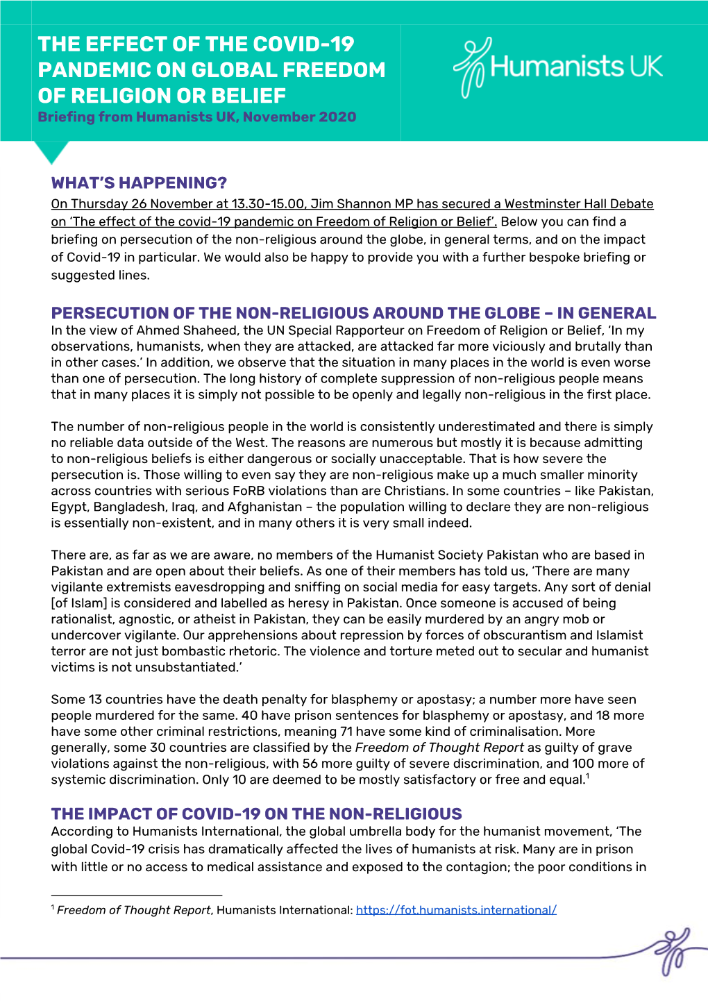 THE EFFECT of the COVID-19 PANDEMIC on GLOBAL FREEDOM of RELIGION OR BELIEF Briefing from Humanists UK, November 2020