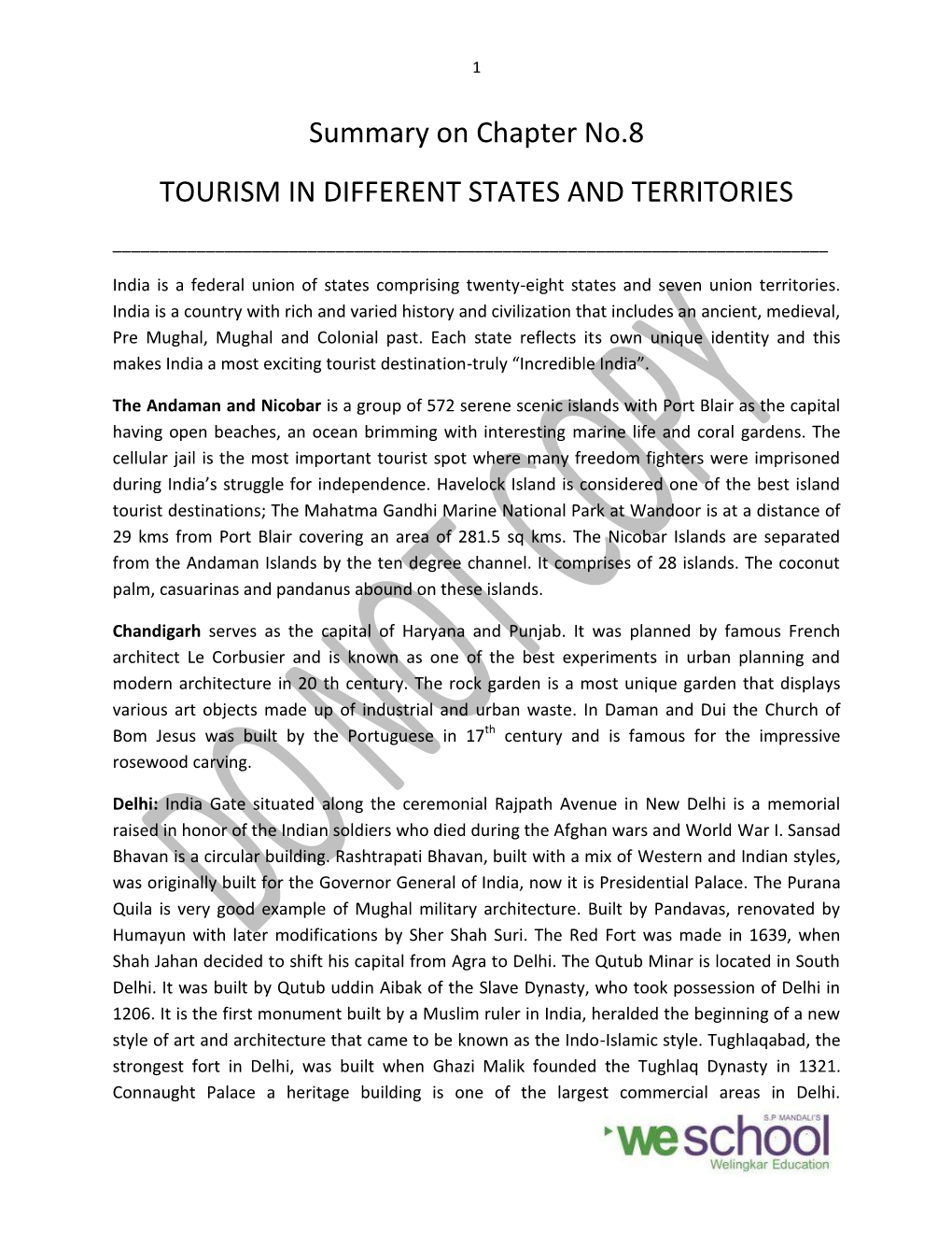 Summary on Chapter No.8 TOURISM in DIFFERENT STATES and TERRITORIES