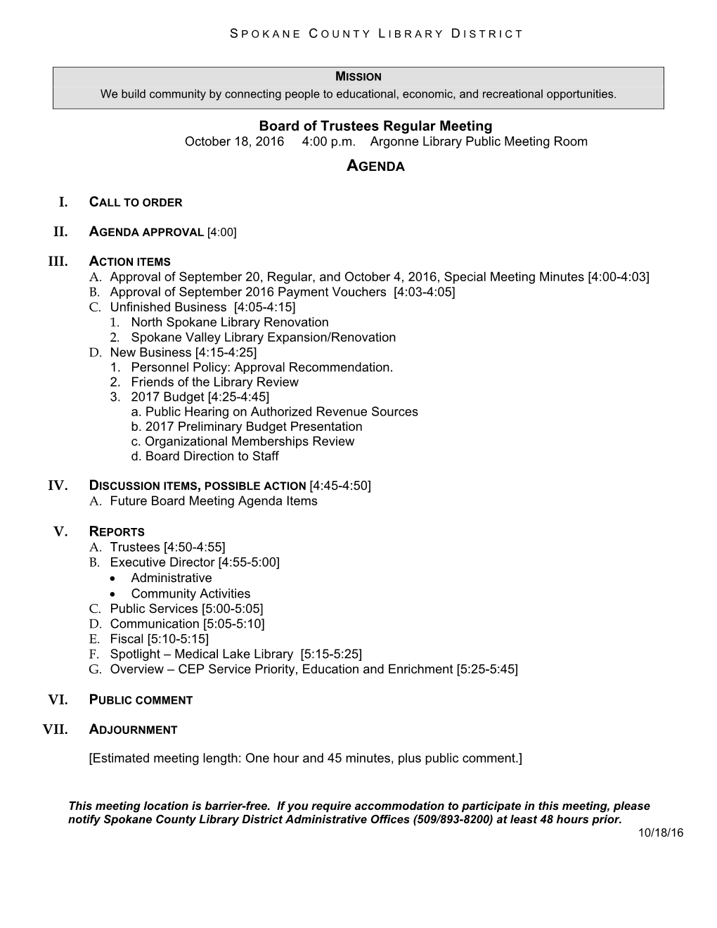 Board of Trustees Regular Meeting October 18, 2016 4:00 P.M