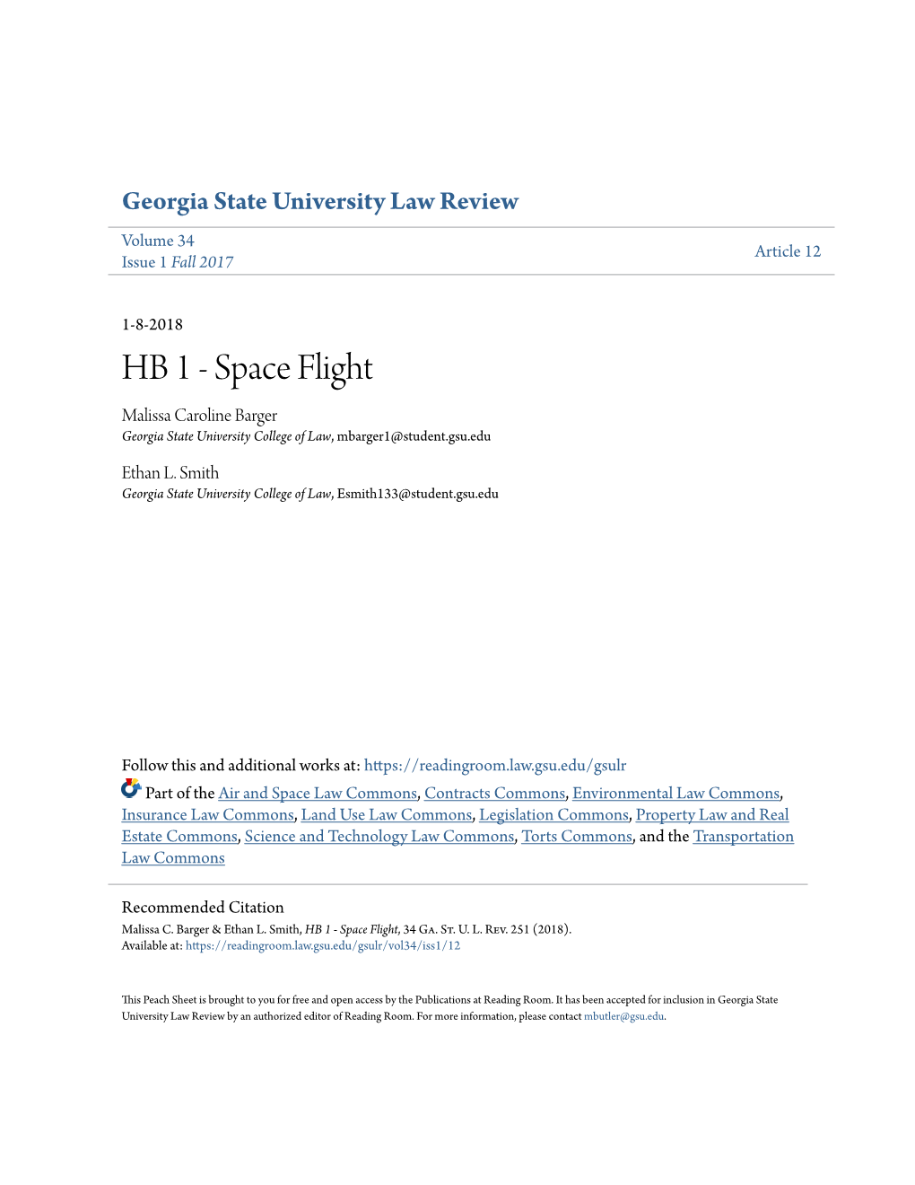 HB 1 - Space Flight Malissa Caroline Barger Georgia State University College of Law, Mbarger1@Student.Gsu.Edu