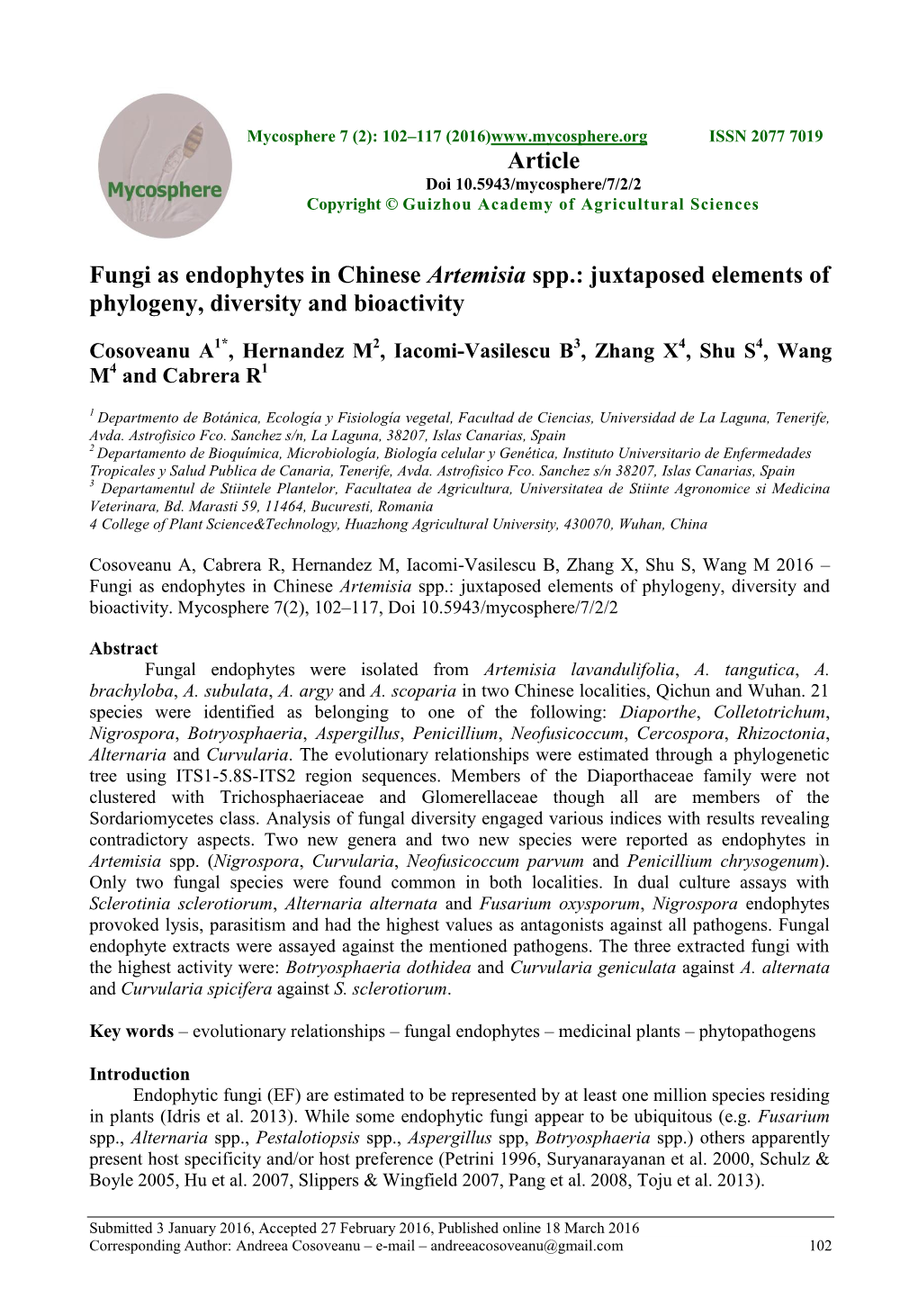 Fungi As Endophytes in Chinese Artemisia Spp.: Juxtaposed Elements of Phylogeny, Diversity and Bioactivity