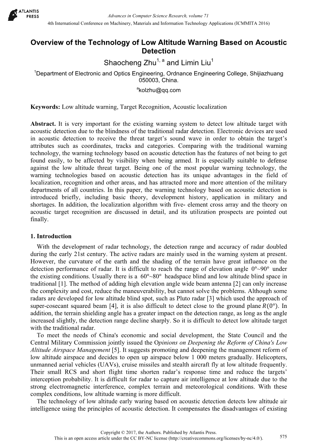 Overview of the Technology of Low Altitude Warning Based on Acoustic Detection Shaocheng Zhu1, a and Limin Liu1