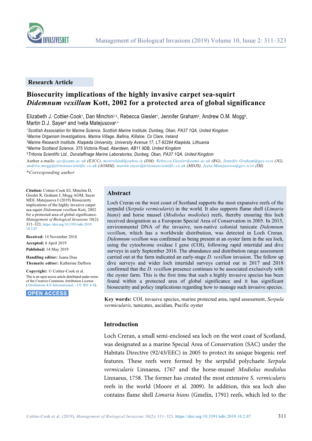 Biosecurity Implications of the Highly Invasive Carpet Sea-Squirt Didemnum Vexillum Kott, 2002 for a Protected Area of Global Significance