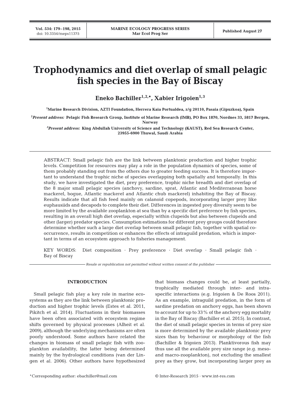 Trophodynamics and Diet Overlap of Small Pelagic Fish Species in the Bay of Biscay