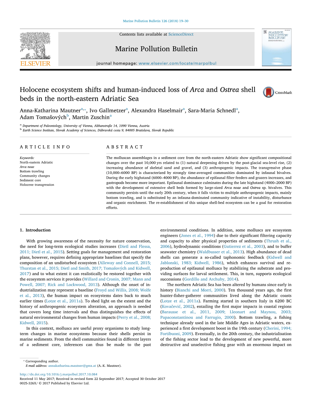 Holocene Ecosystem Shifts and Human-Induced Loss of Arca and Ostrea Shell MARK Beds in the North-Eastern Adriatic Sea