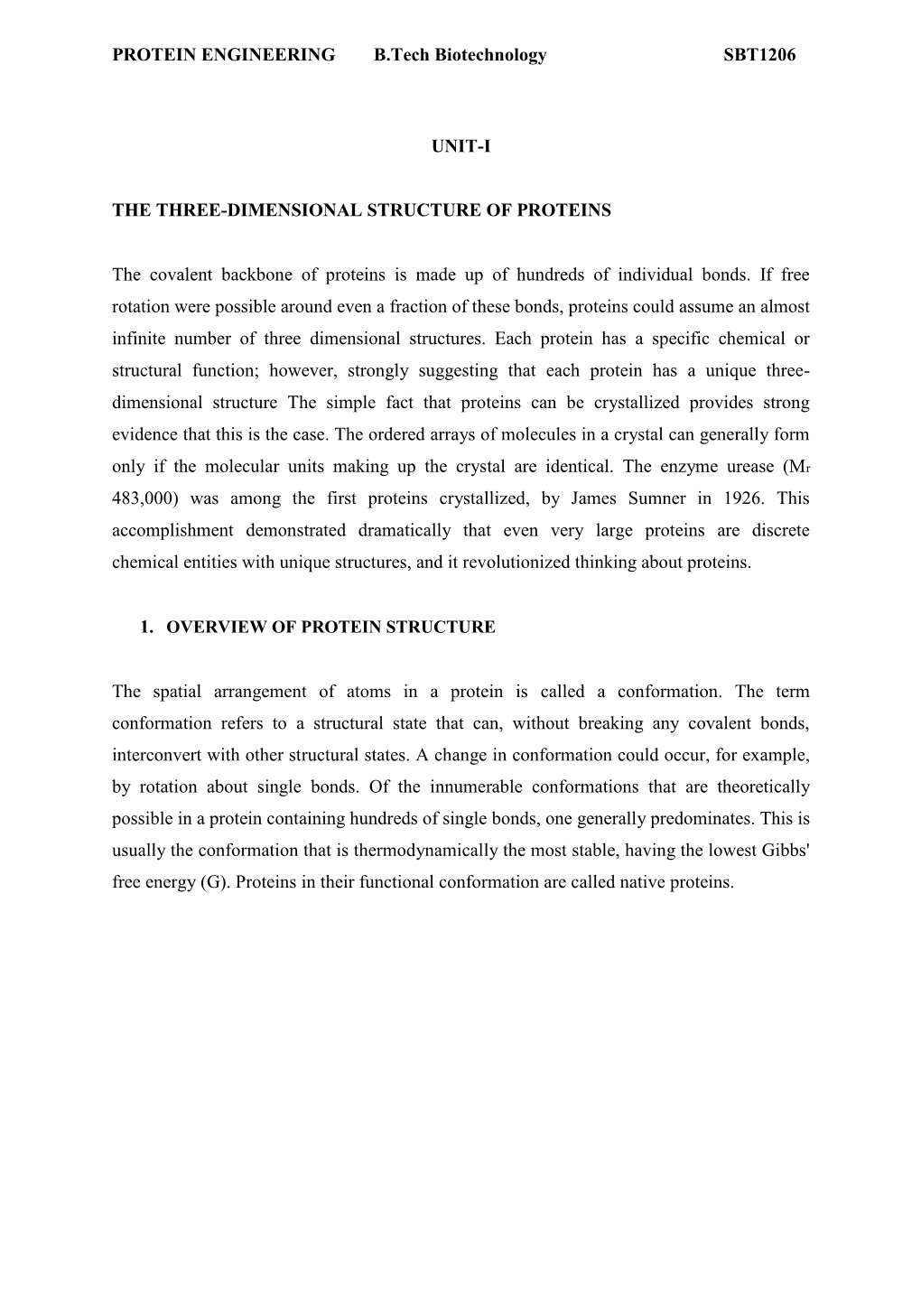 PROTEIN ENGINEERING B.Tech Biotechnology SBT1206 UNIT-I