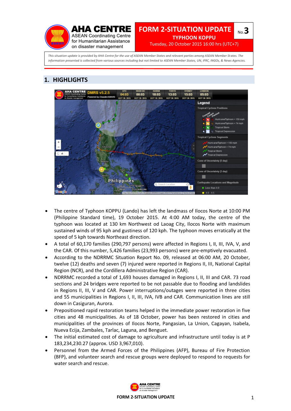 FORM 2-SITUATION UPDATE No.3 TYPHOON KOPPU Tuesday, 20 October 2015 16:00 Hrs (UTC+7)