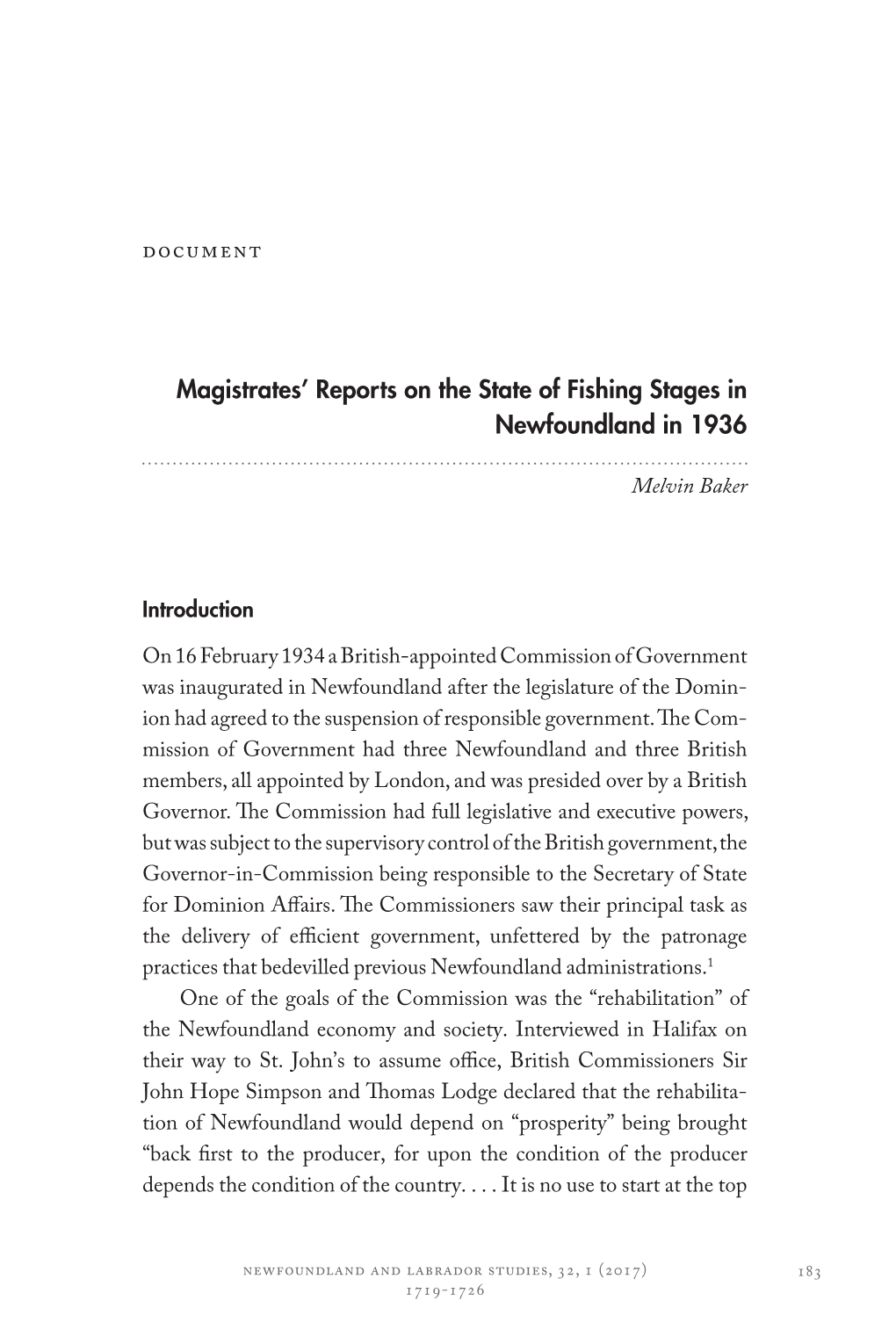 Magistrates' Reports on the State of Fishing Stages in Newfoundland In