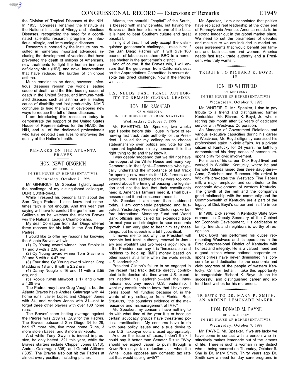 CONGRESSIONAL RECORD— Extensions of Remarks E1949 HON. NEWT GINGRICH HON. JIM RAMSTAD HON. ED WHITFIELD HON. DONALD M. PAYNE