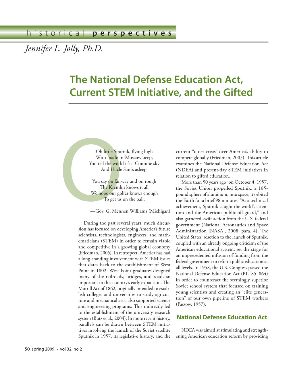 The National Defense Education Act, Current STEM Initiative, and the Gifted