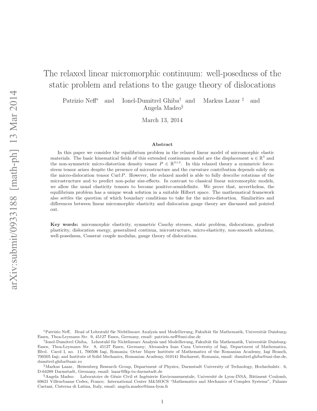 Arxiv:Submit/0933188 [Math-Ph] 13 Mar 2014 Se,Te-Emn T.9 52 Se,Gray Mi:Pa Email: Germany, Essen, 45127 9, Str